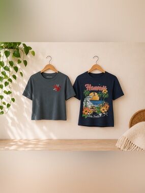2 Rebellious One Tee Shirts 1)Gray Crop Tee with Red Rose 2) Hawaii